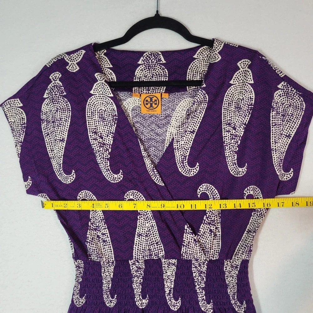 Tory Burch Purple Silk Paisley Smocked Waist V-Neck Dress Size S‎ Garden Party
